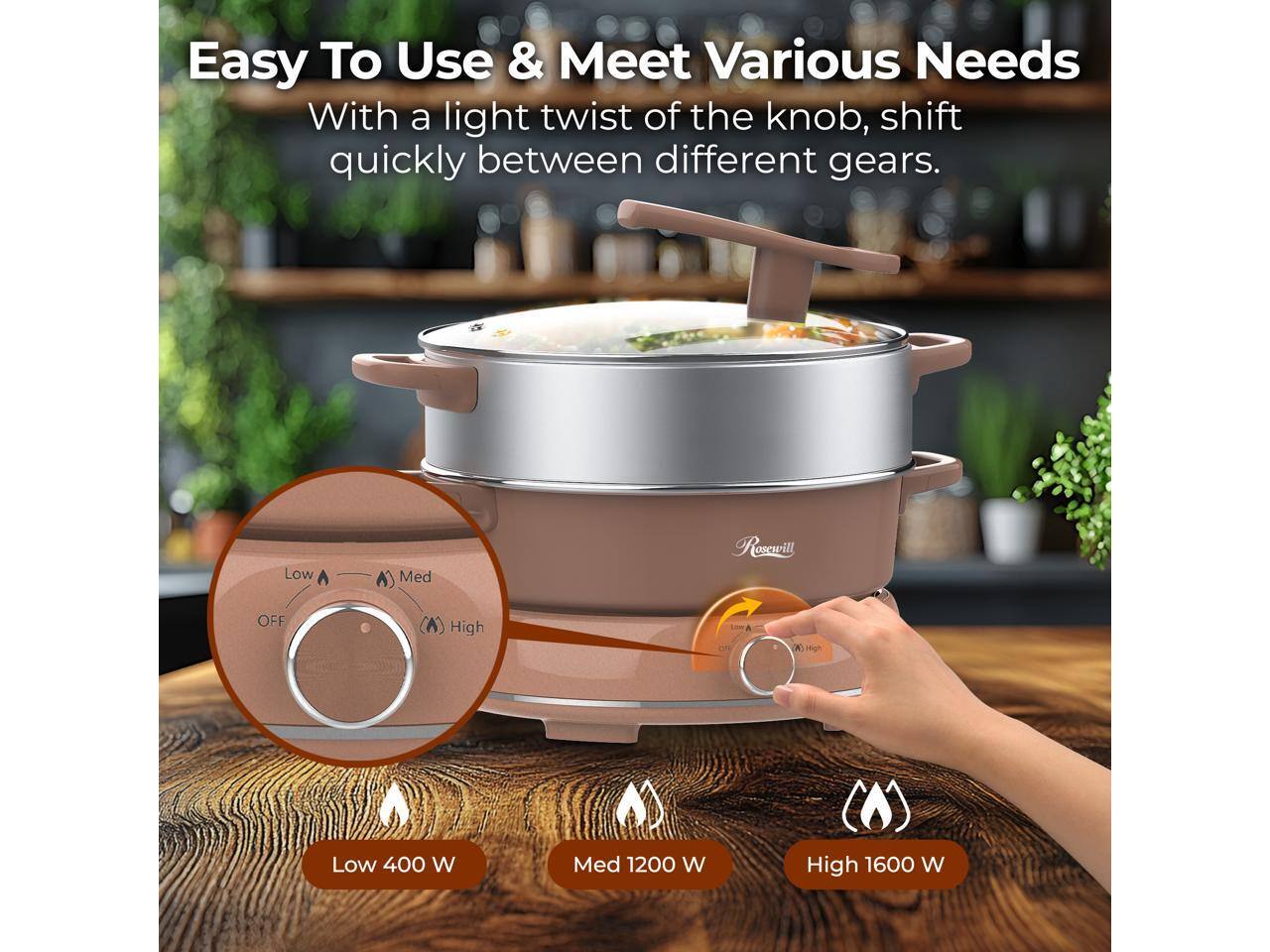 Easy To Use & Meet Various Needs  
With a light twist of the knob, shift quickly between different gears.  

Low 400 W  
Med 1200 W  
High 1600 W