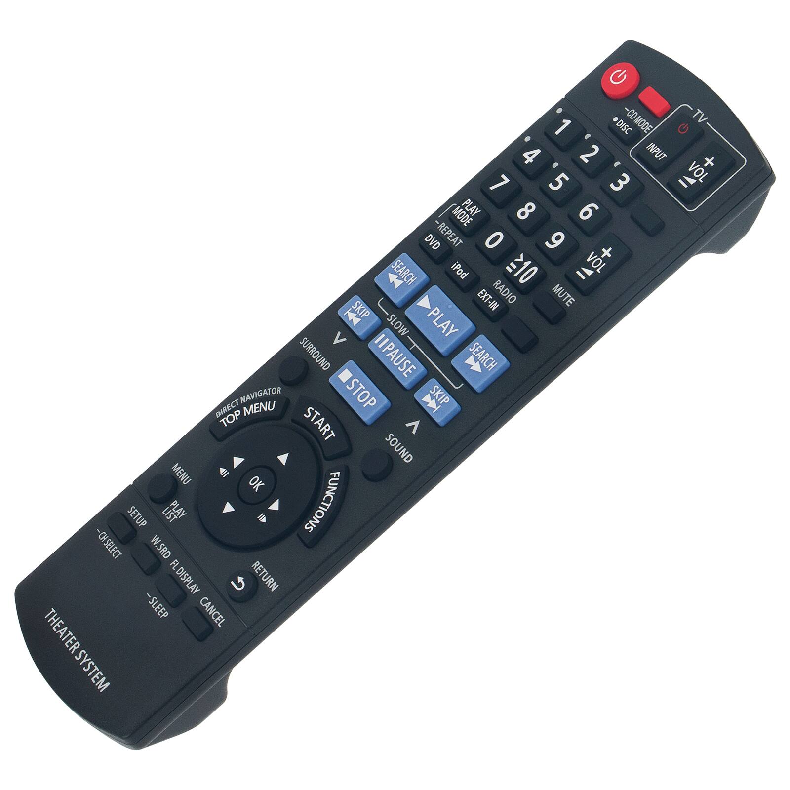 - CO MODE
- CO TV
- DISC 1
- DISC 2
- INPUT
- VOL -
- VOL +
- MODE
- PLAY
- REPEAT
- DVD
- SEARCH
- iPod
- RADIO
- EXT-IN
- MUTE
- SKIP
- SLOW
- PLAY
- SURROUND
- PAUSE
- SEARCH
- DIRECT NAVIGATOR
- MENU
- STOP
- SKIP TOP
- START
- SOUND
- MENU
- 411
- OK
- SETUP
- FLAY FUNCTIONS
- CH SELECT
- W.SRD
- FL DISPLAY
- RETURN
- SLEEP
- CANCEL
- THEATER SYSTEM