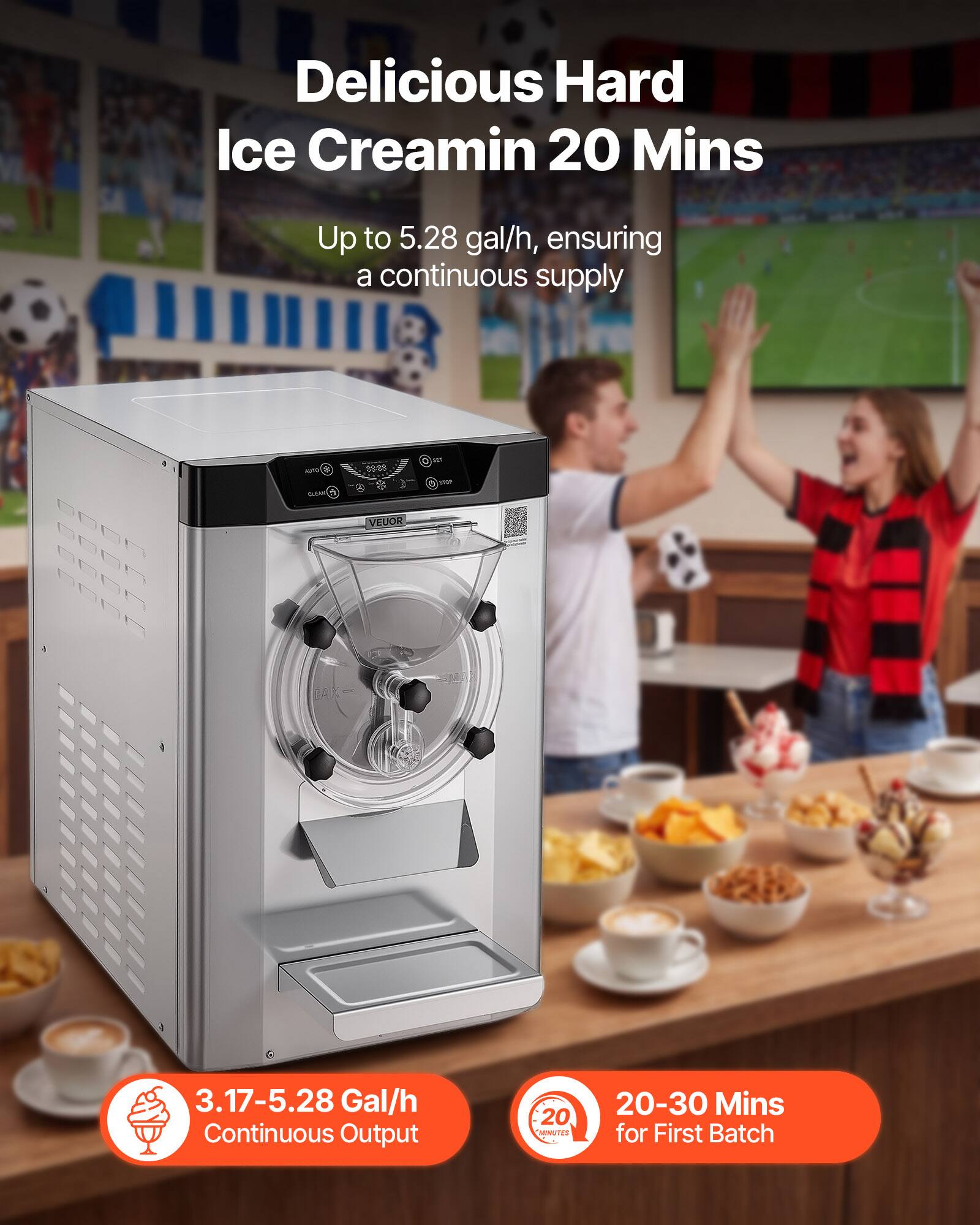 Delicious Hard Ice Cream in 20 Mins

Up to 5.28 gal/h, ensuring a continuous supply

3.17-5.28 Gal/h Continuous Output

20-30 Mins for First Batch