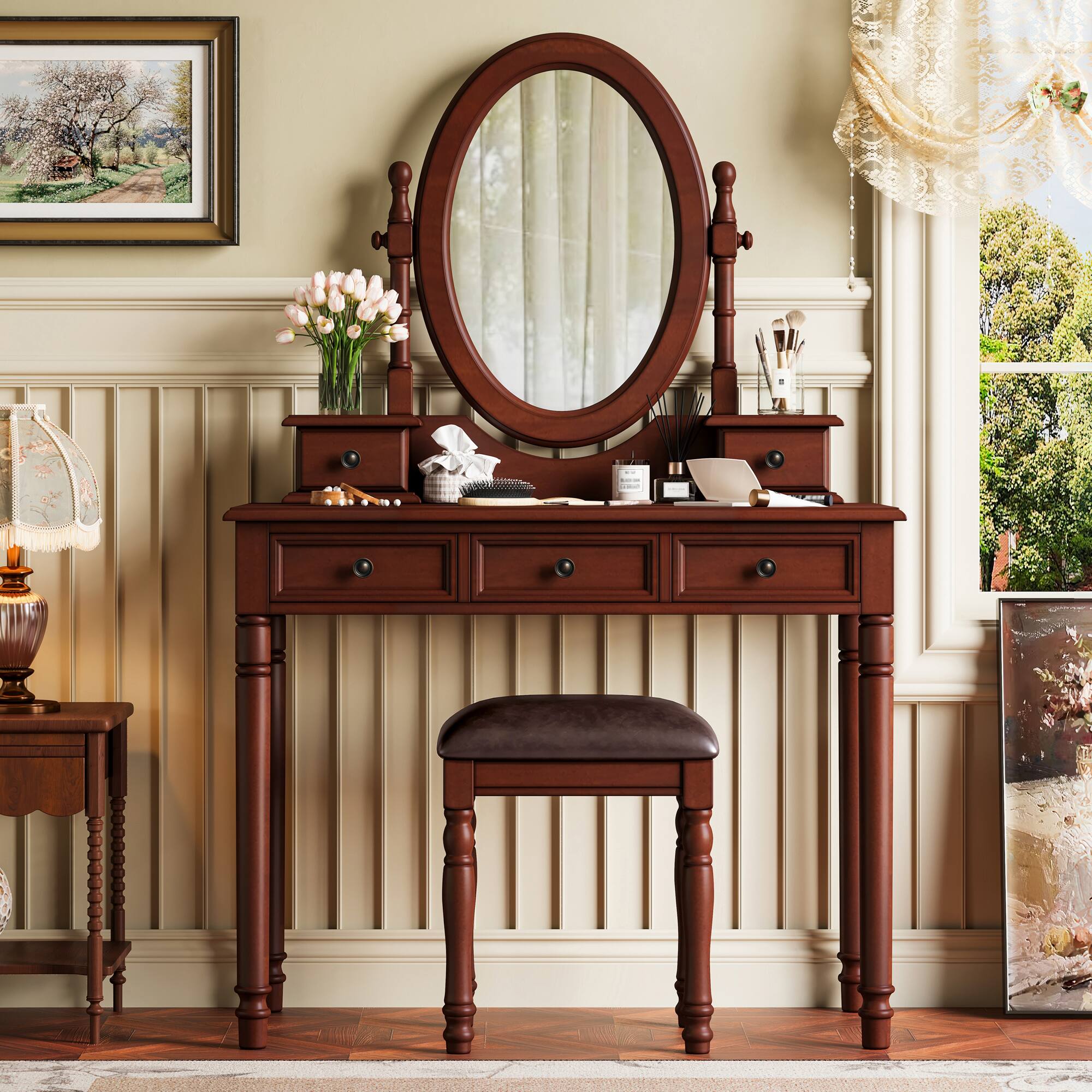 Alt View 7. Ecooso - Makeup Vanity with Adjustable Mirror, Velvet 5-Drawers & Cushioned Stool - Walnut.