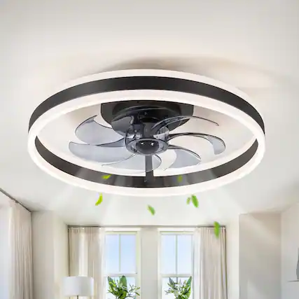 Front. Breezary - 20-Inch Flush Mount Enclosed Ceiling Fan with LED Light, Remote Control, 7 Blades, Reversible DC Motor - Black and Transparent.