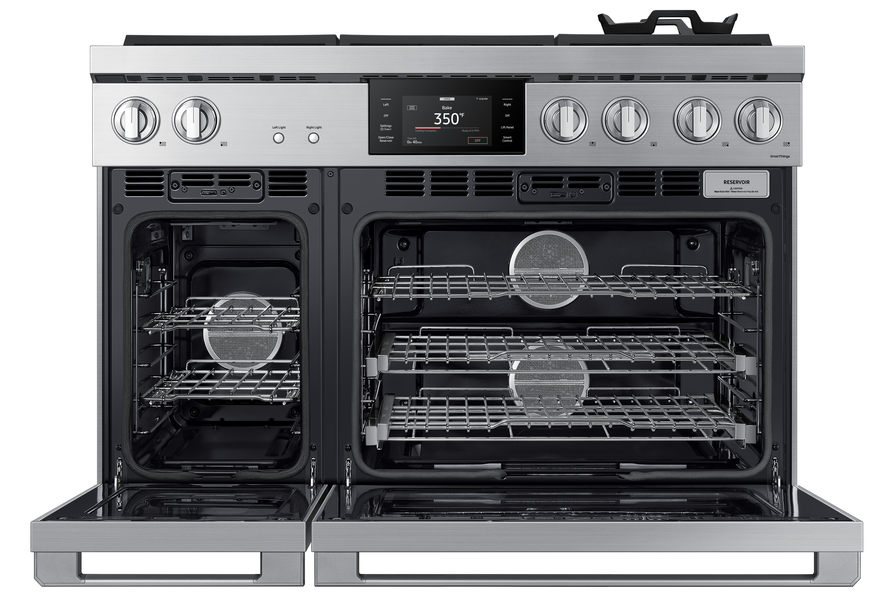 Sure, here is the corrected and grouped text from the image:

**Top Left:**
- Left Light
- On/Off
- Open/Closed Door
- Oven Light
- On/Off

**Top Center:**
- Bake
- 350°F
- Start
- Cancel

**Top Right:**
- Right Light
- On/Off
- Left Proof
- On/Off
- Steam Proof
- On/Off
- Steam Cleaning
- On/Off

**Middle Left:**
- Saks A 350

**Middle Right:**
- RESERVOIR
- Water Reservoir
- Add Water to Reservoir

**Bottom Left:**
- Cat

**Bottom Right:**
- Steam Cleaning