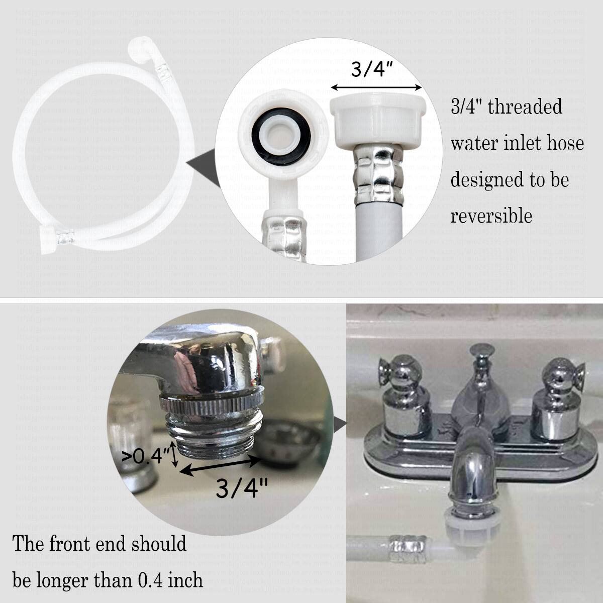 The image shows a 3/4" threaded water inlet hose designed to be reversible. The front end should be longer than 0.4 inches.