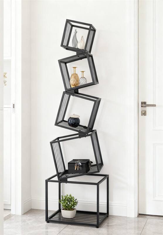 Back. HTUTWOO - 5-Tier Metal Geometric Bookshelf - Modern Narrow Floor Bookcase, Space-Saving Corner Organizer for Living Room Bedroom - Black.