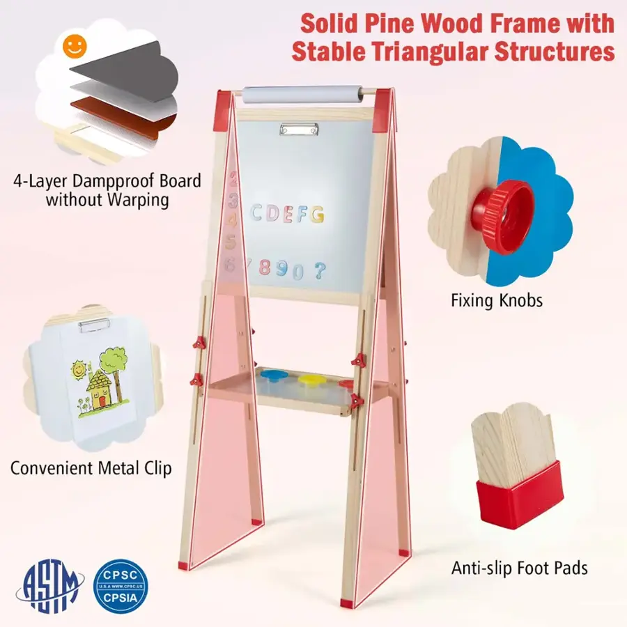 The text on the image can be grouped and corrected as follows:

1. Solid Pine Wood Frame with Stable Triangular Structures
2. 4-Layer Dampproof Board without Warping
3. 2 3 23456 4 CDEFG 5 6 890? ? 0 Fixing Knobs
4. Convenient Metal Clip
5. CPSC ... -.. ..- CPSIA UII Anti-slip Foot Pads