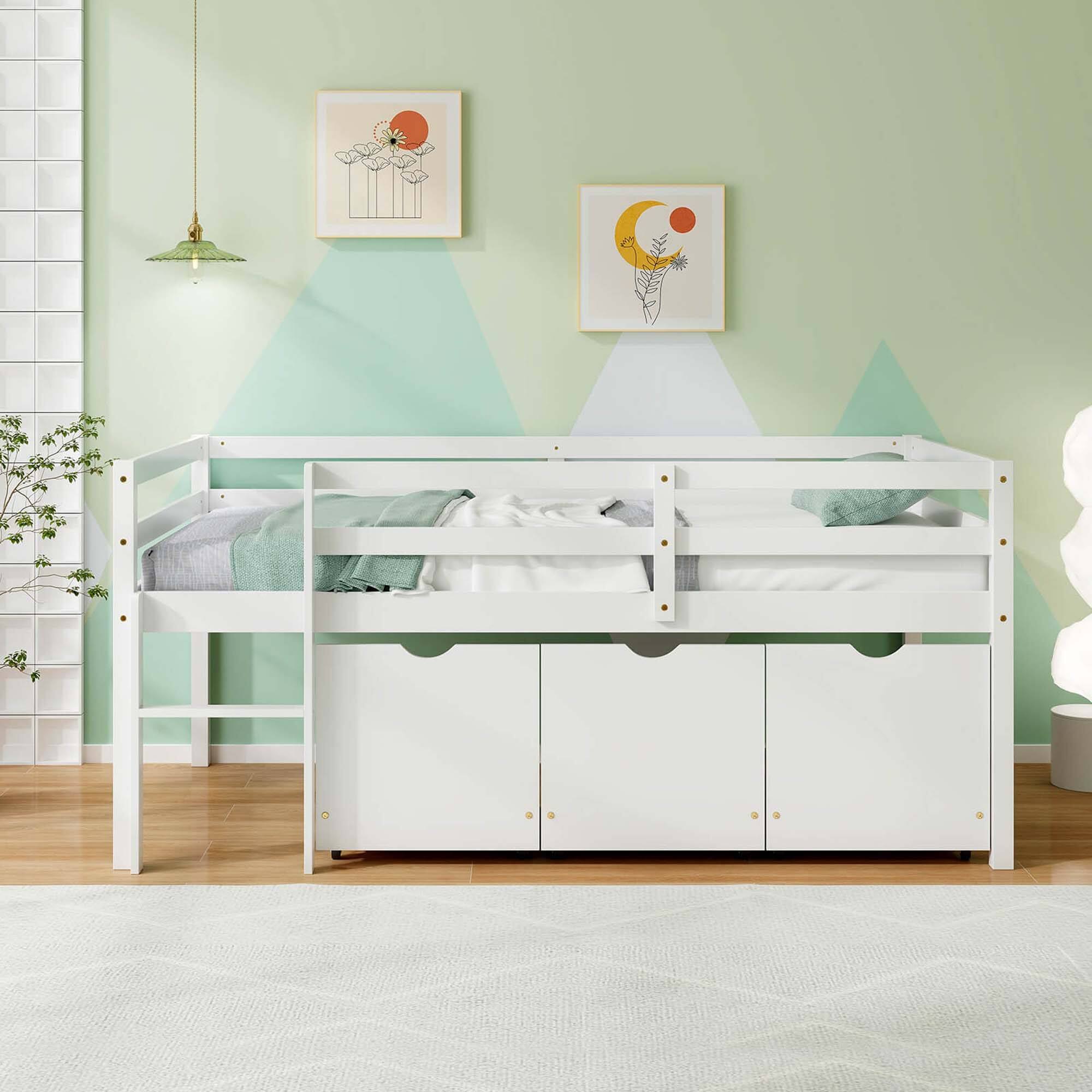 Alt View 4. Costway - Twin Size Low Loft Bed with 3 Drawers Ladder & Full-length Guardrails Storage - White.