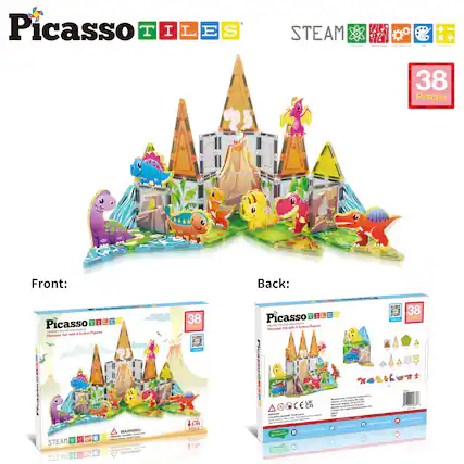Picasso TILES STEAM Technology Engineering 38 Pieces Front: Back: Picasso Dinosaur Set with Action Figures 38 | STEAM WARNING: CHOKING HAZARD Small parts. Not for children under 3 years. CE UK CA 1234567890