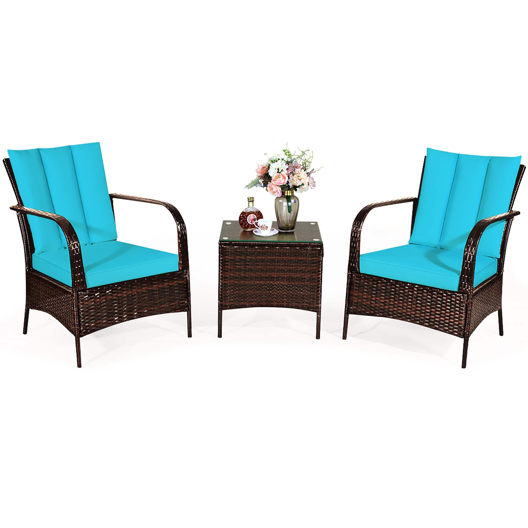 Front. Costway - 3 PCS Patio Wicker Rattan Furniture Set Coffee Table & 2 Rattan Chair W/Cushions - Turquoise.