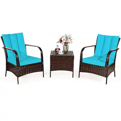 Front. Costway - 3 PCS Patio Wicker Rattan Furniture Set Coffee Table & 2 Rattan Chair W/Cushions - Turquoise.