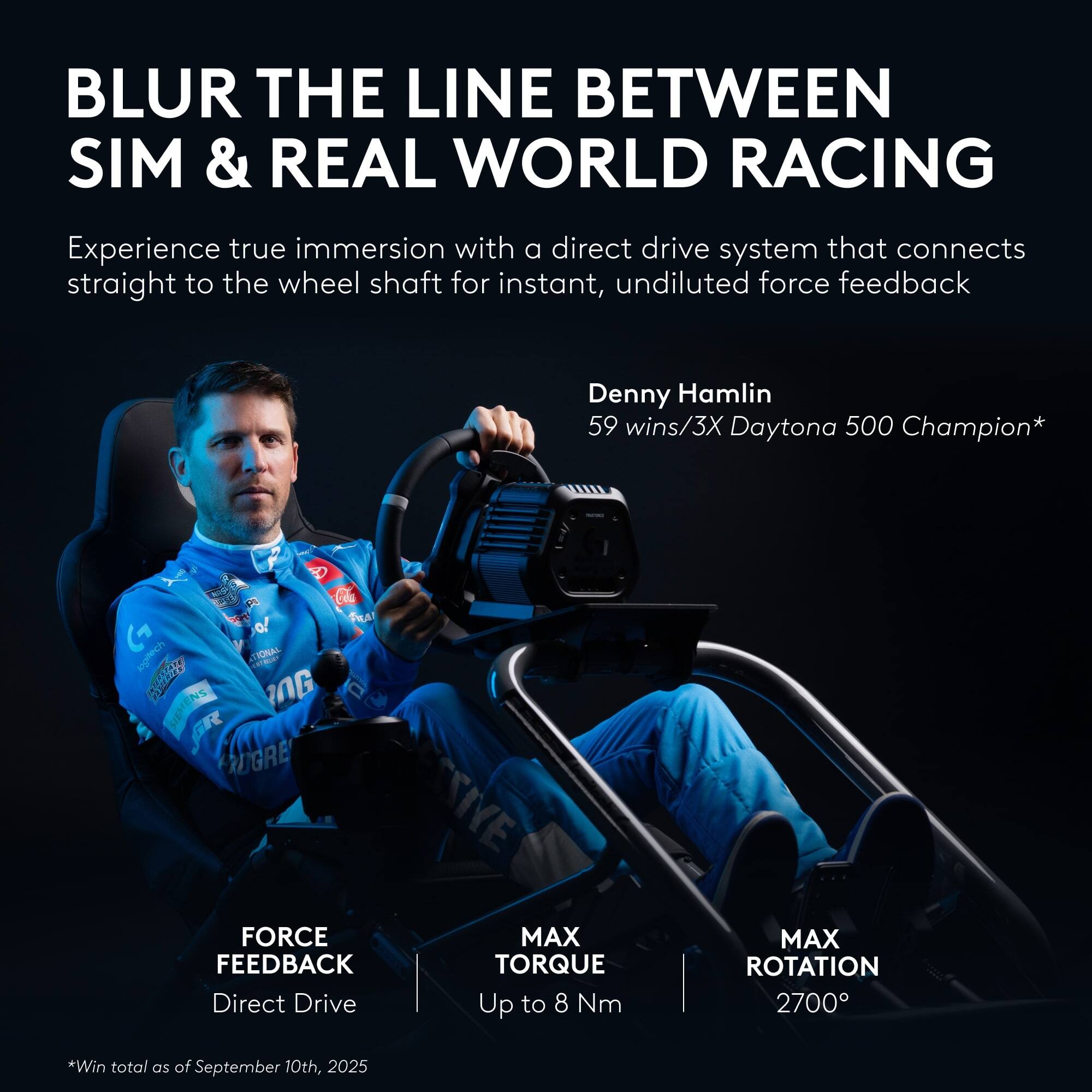 BLUR THE LINE BETWEEN SIM & REAL WORLD RACING

Experience true immersion with a direct drive system that connects straight to the wheel shaft for instant, undiluted force feedback

Denny Hamlin  
59 wins/3X Daytona 500 Champion*

FORCE FEEDBACK  
Direct Drive

MAX TORQUE  
Up to 8 Nm

MAX ROTATION  
2700°

*Win total as of September 10th, 2025