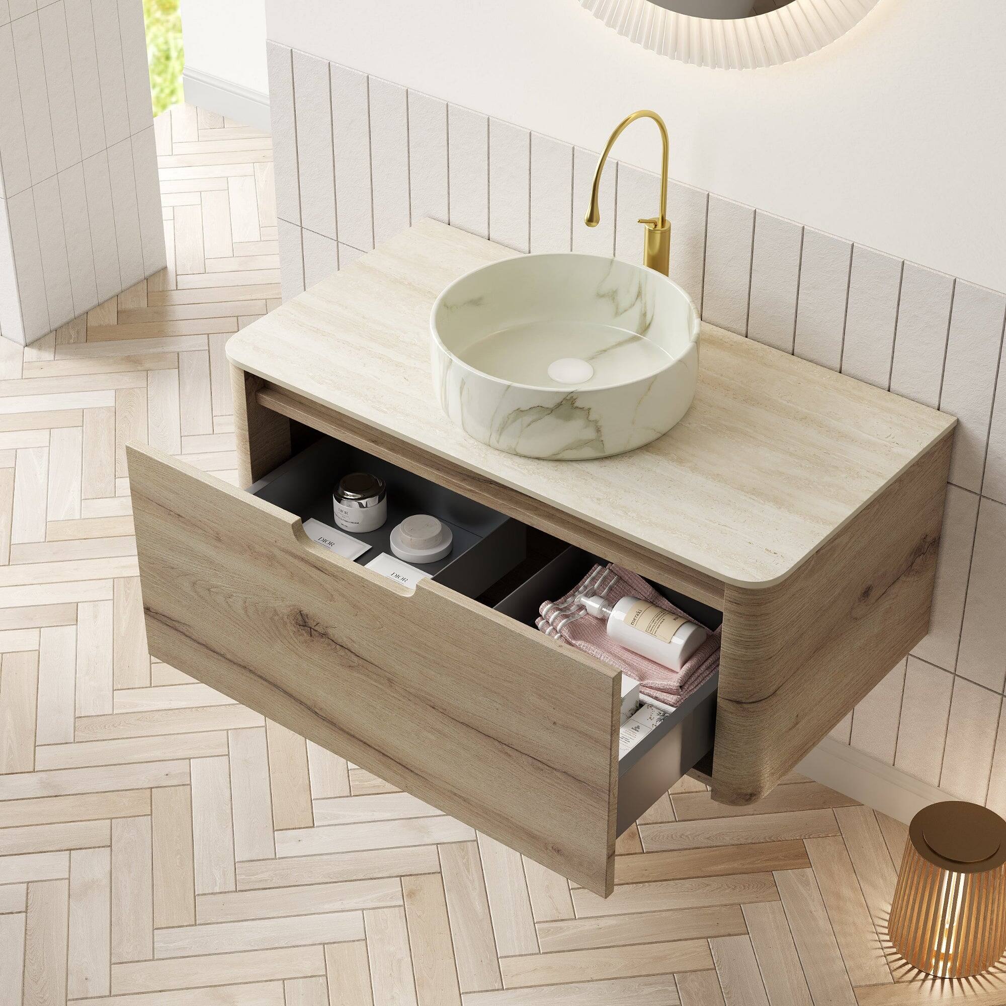 Alt View 2. Boyel Living - 36 Bathroom Vanity with Ceramic Basin Stone Pattern Travertine Pattern Sintered Stone Top White Oak - White,White Oak.