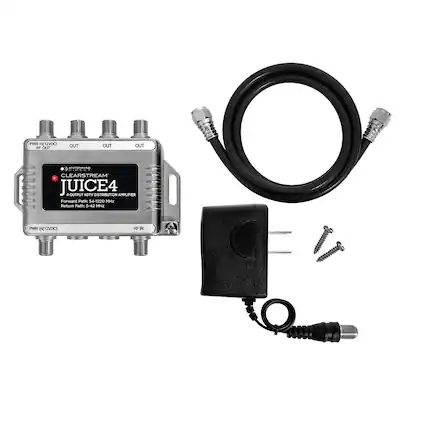 PWR IN (12VDC)
OUT
OUT
OUT
RF OUT
CLEARSTREAM
JUICE4
4-OUTPUT HOTV DISTRIBUTION AMPLIFIER
Forward Path: 54-5220 MHz
Return Path: 5-52 MHz
PWR IN (12VDC)
RF IN
TECH IOECT
EGAzN