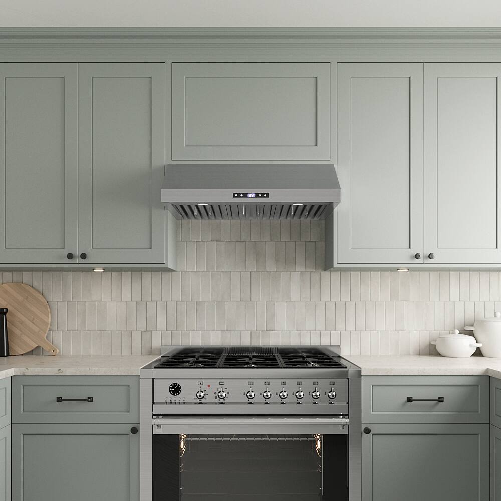 Left. Streamline - 30 in. Magione Ducted Undermount 406 CFM Range Hood, Baffle Filters, Touchpad Control, LED Lights - Brushed Stainless Steel.