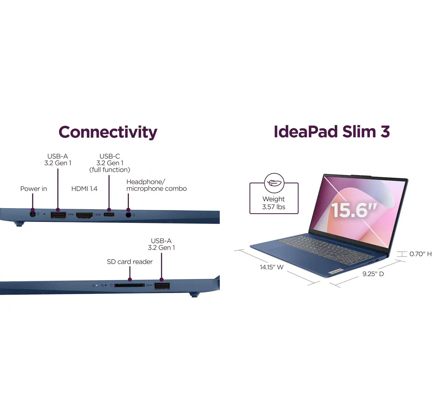 Connectivity IdeaPad Slim 3  
- USB-A 3.2 Gen 1  
- USB-C 3.2 Gen 1 (full function)  
- Headphone/Power in  
- HDMI 1.4  
- Microphone combo  
- SD card reader  

Weight: 3.57 lbs  
Dimensions: 14.15" W x 9.25" D x 0.70" H  
Screen Size: 15.6"