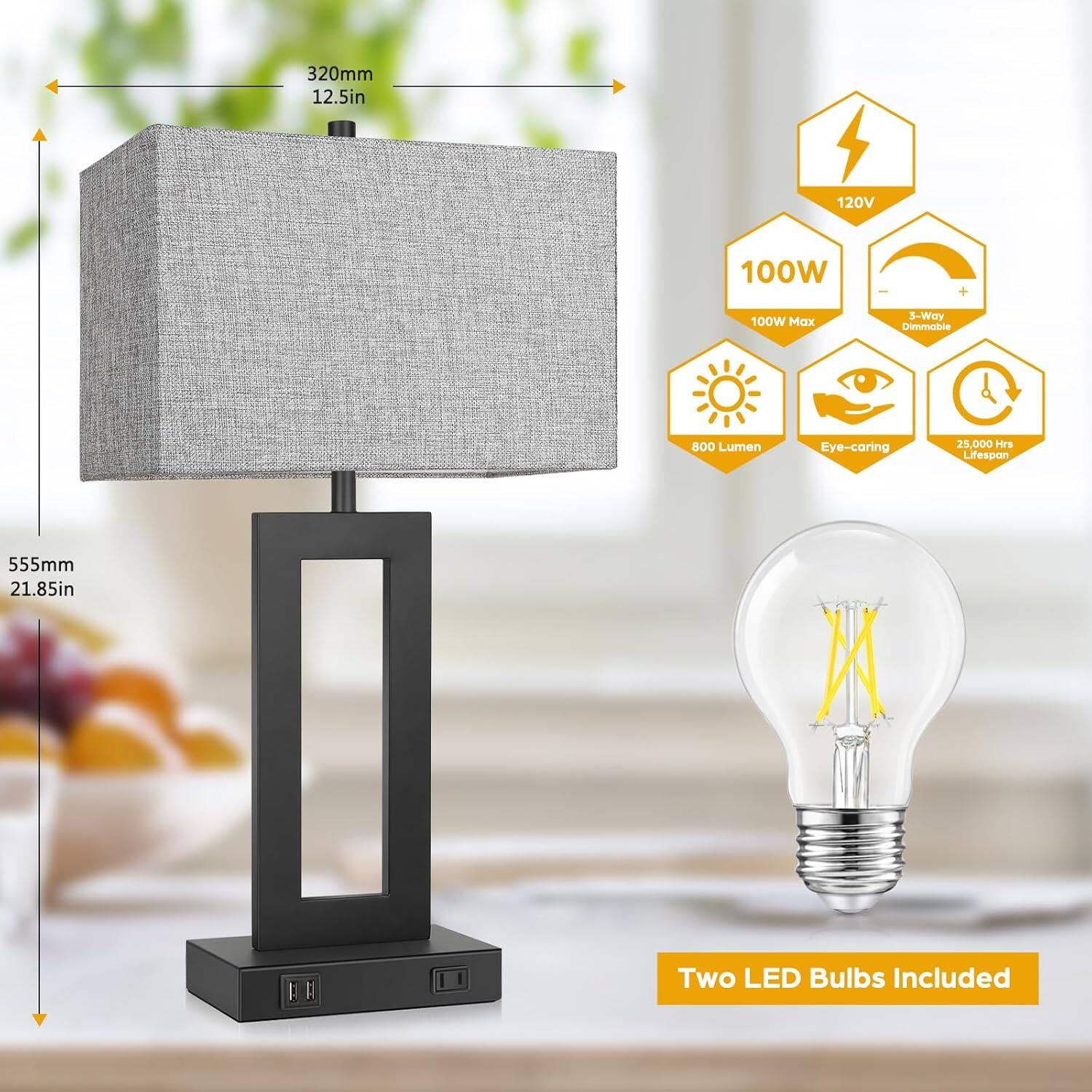 320mm 12.5in 120V 100W Max 3-Way Dimmable 800 Lumen Eye-caring 25,000 Hrs Lifespan 555mm 21.85in  EH I Two LED Bulbs Included