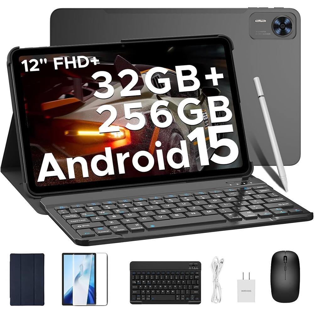 RTMB - 12" Android 15 Tablet – 32GB+256GB, Keyboard Included, FHD Display - Black
