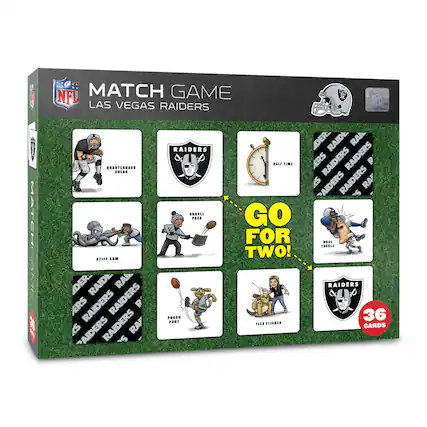 MATCH GAME
NFL
LAS VEGAS RAIDERS
QUARTERBACK SNEAK
STIFF ARM
POUCH PUNT
FLEA FLICKER
HALF TIME
GO FOR TWO!
NOSE TACKLE
RAIDERS
36 CARDS
DER RAIDERS
RAIDERS
RAIDERS
RAIDERS
RAIDERS
RAIDERS