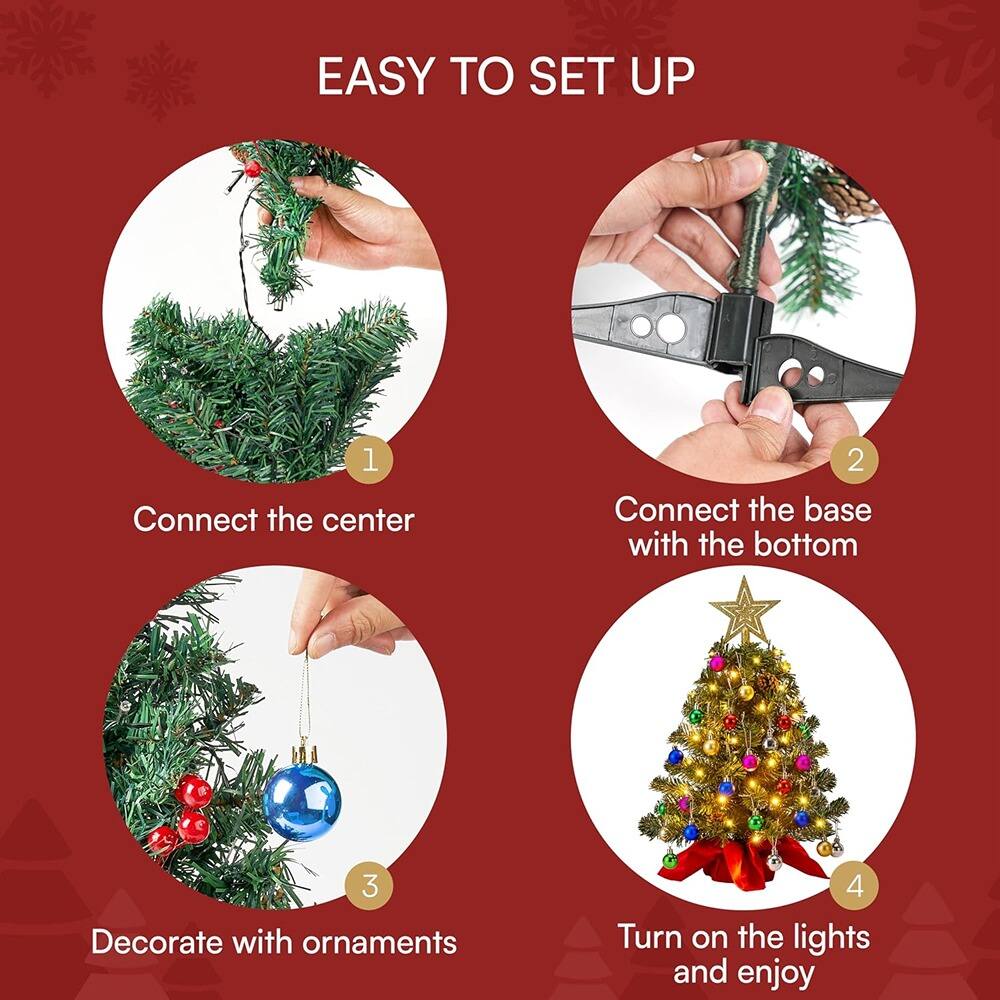 EASY TO SET UP

1. Connect the center
2. Connect the base with the bottom
3. Decorate with ornaments
4. Turn on the lights and enjoy
