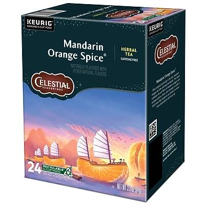 KEURIG GENUINE K-CUP PODS  
Mandarin Orange Spice  
HERBAL TEA  
CAFFEINE FREE  
NATURALLY FLAVORED WITH OTHER NATURAL FLAVORS  
CELESTIAL SEASONINGS  
24 RECYCLABLE K-CUP PODS  
NET WT 32 OZ (91g)
