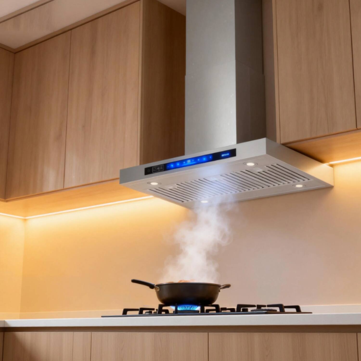 Left. Brano - BRANO 36-Inch Island Range Hood with Ducted/Ductless Flex Install - 900 CFM, Smart Voice/Gesture/Touch Control - SILVER.