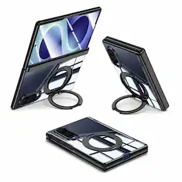 Dteck - For Samsung Galaxy Z Fold8 Clear Magnetic Case Ring Kickstand Shockproof Rugged Hinge Cover+Built-in Screen Protector - Black(clear film)