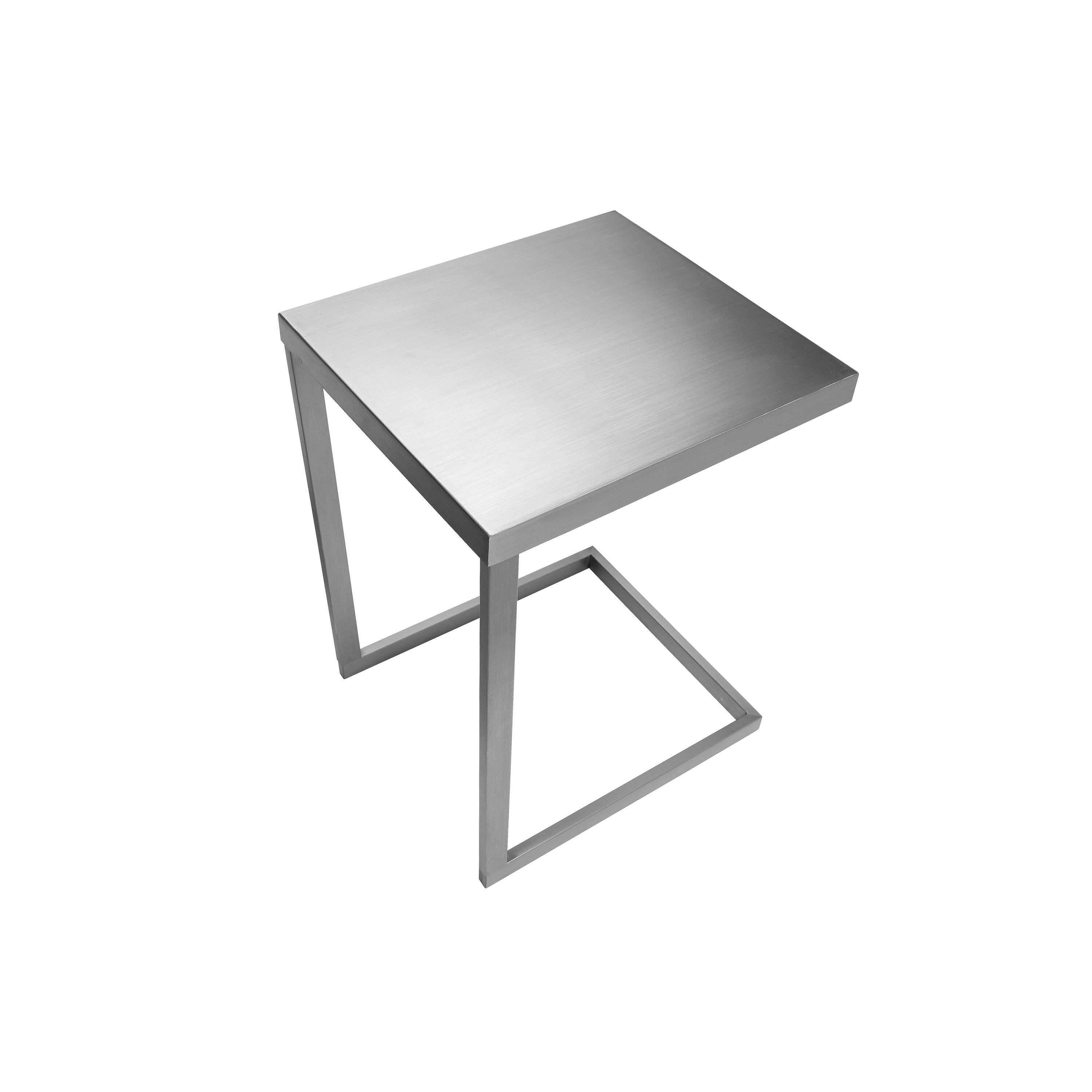 Left. Manhattan Lane - Tom 23 Inch Side End Table, Square Tray Top, Brushed C Shaped Steel Frame - Silver.