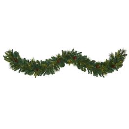 BreeBe - 6’ Mixed Pine and Pinecone Garland with 35 Clear LED Lights - Brown, Green