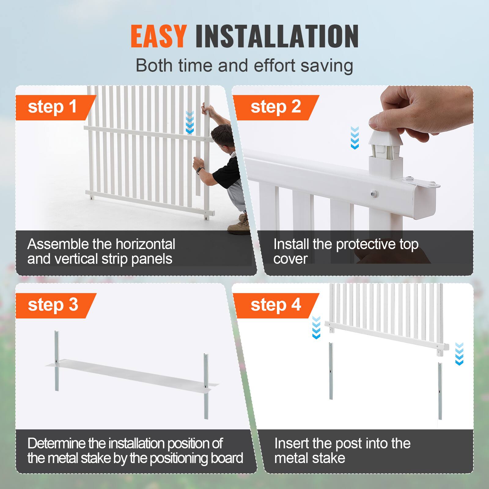 EASY INSTALLATION Both time and effort saving

step 1: Assemble the horizontal and vertical strip panels
step 2: Install the protective top cover
step 3: Determine the installation position of the metal stake by the positioning board
step 4: Insert the post into the metal stake