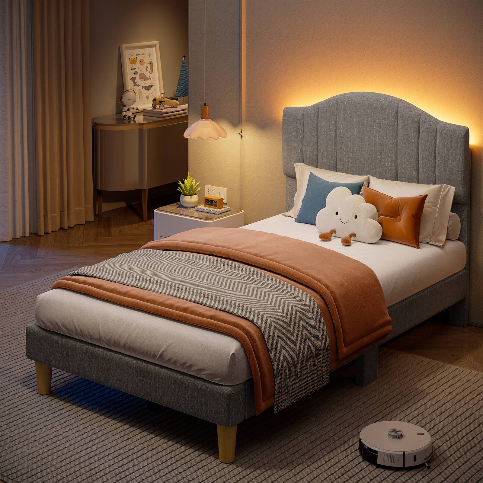 Left. Pinmoco - Pinmoco - Upholstered Platform Bed Frame with Adjustable LED Arc Headboard - Fabric Gray.