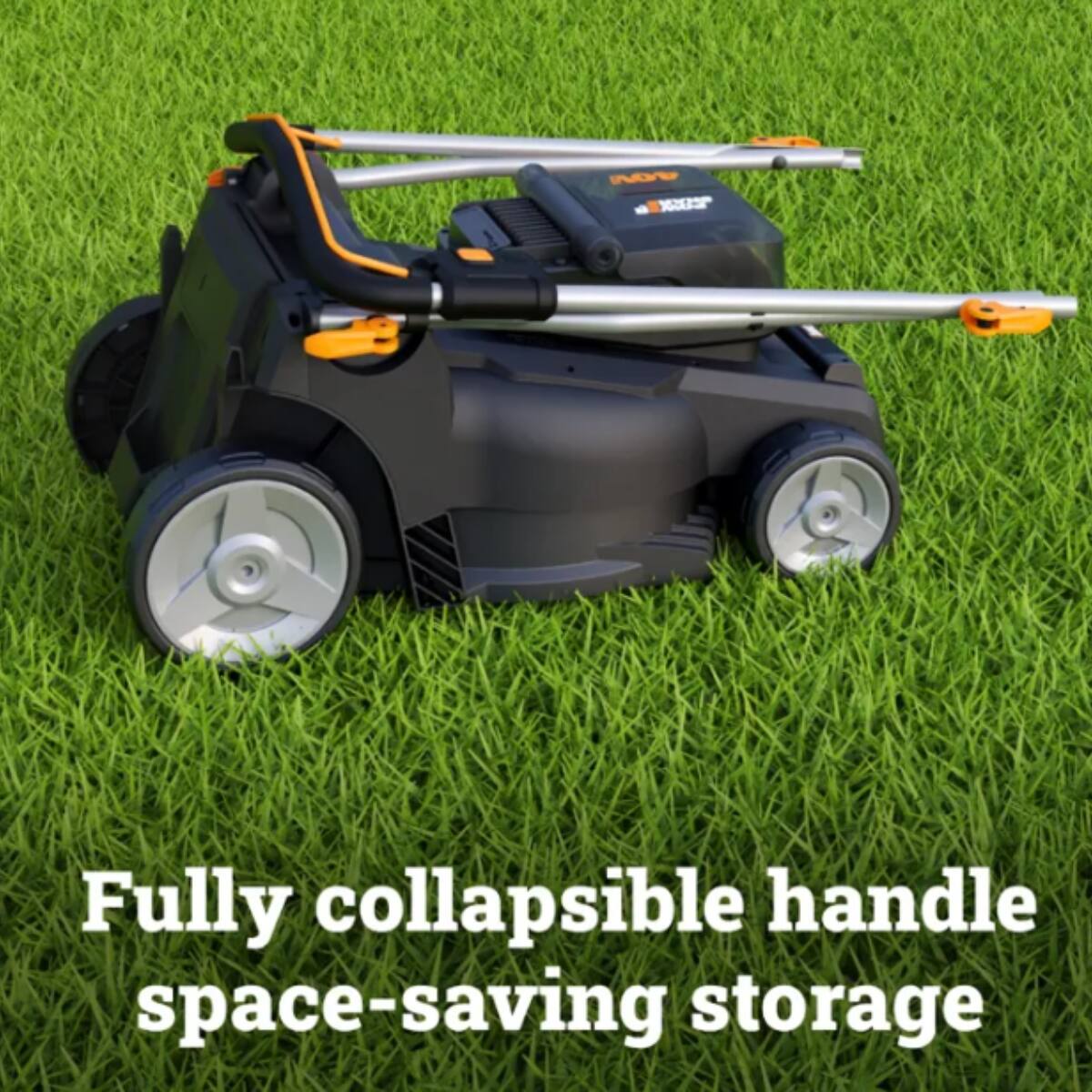 The text on the image reads "Fully collapsible handle space-saving storage."
