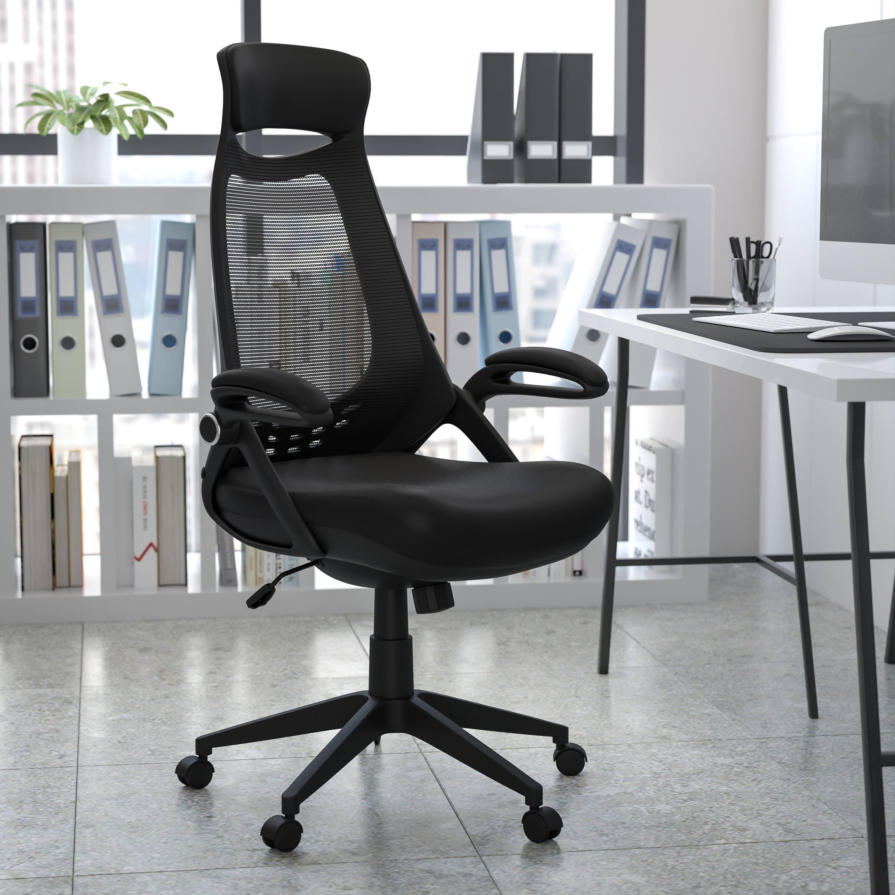 Alt View 1. Emma + Oliver - High Back Mesh Executive Swivel Office Chair with Flip-Up Arms - Black Mesh.