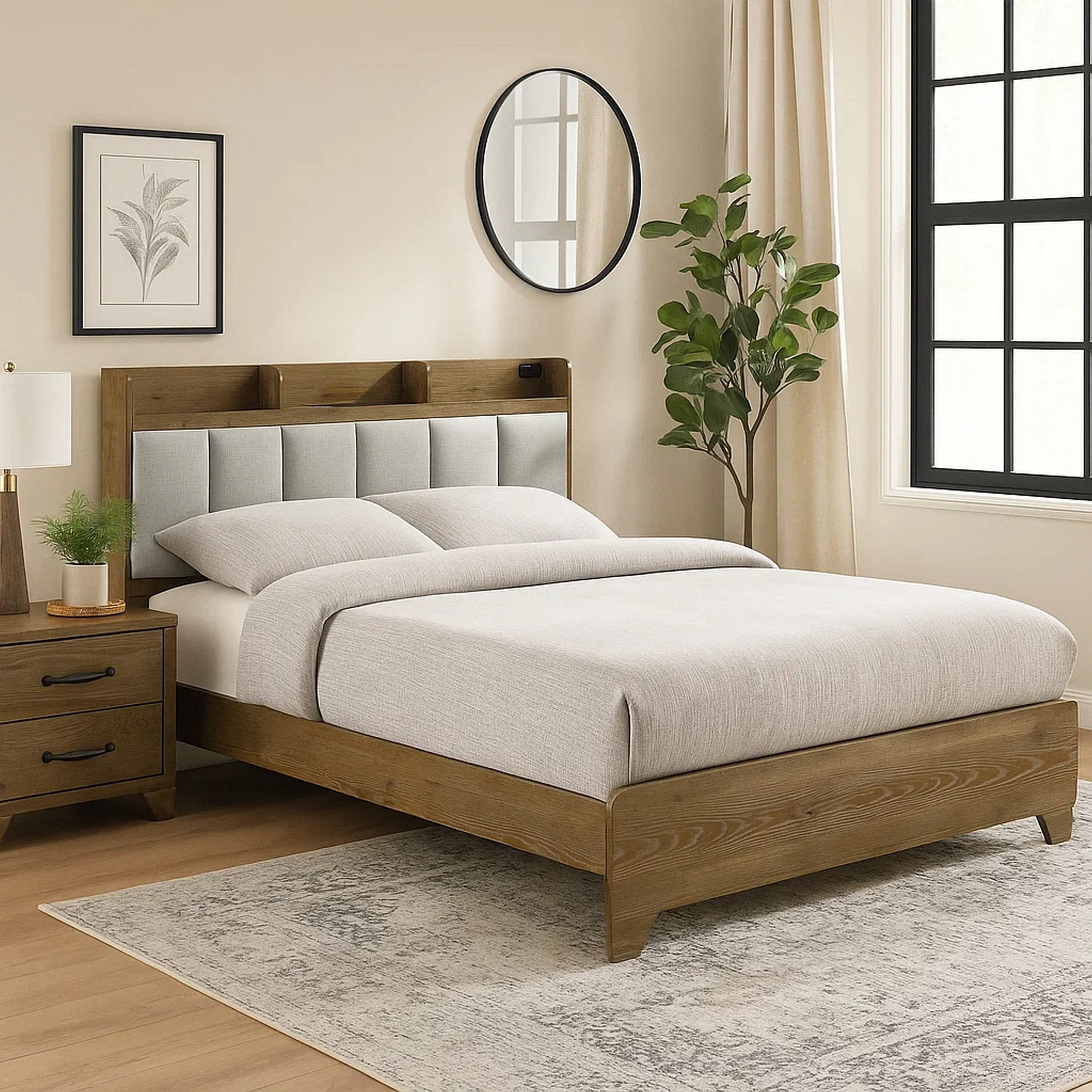 Alt View 5. Manhattan Lane - Gary Queen Size Bed with Tufted Headboard and USB Ports, Aspen Brown Wood - Light Aspen Brown, Gray.