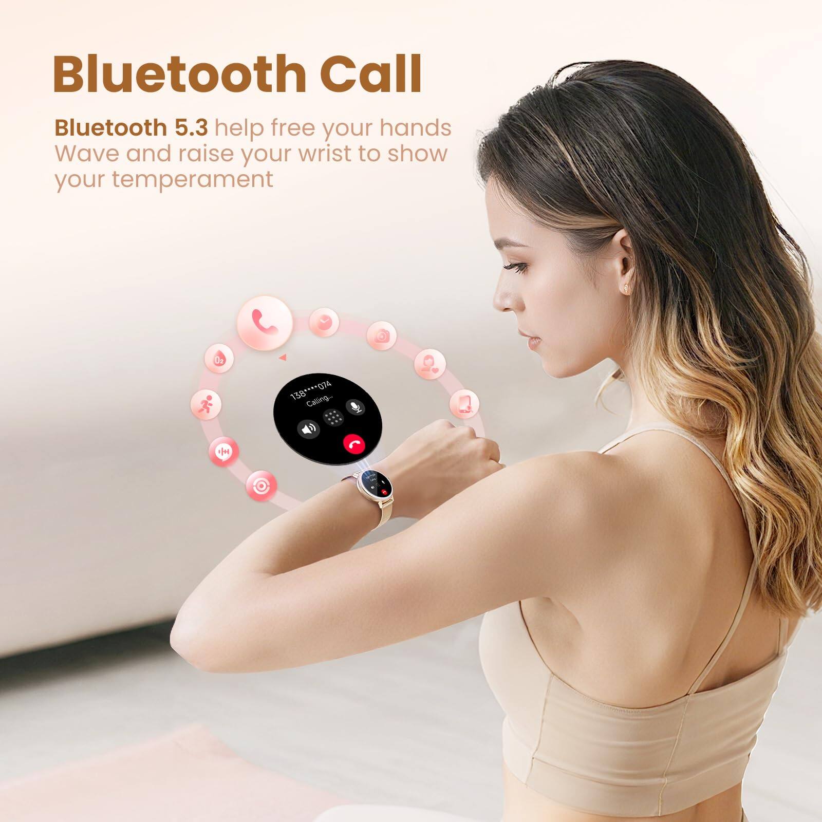 Angle. GlowWise - Women's Smartwatch with Bluetooth Calls, SpO2 Monitor, 100+ Sports Modes, IP68 Waterproof, Compatible with Android - yellow.