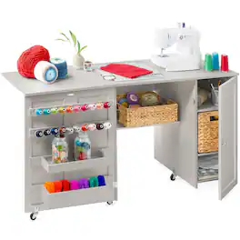Best Choice Products - Large Portable Multipurpose Folding Sewing Table w/ Magnetic Doors, Craft Storage - Gray