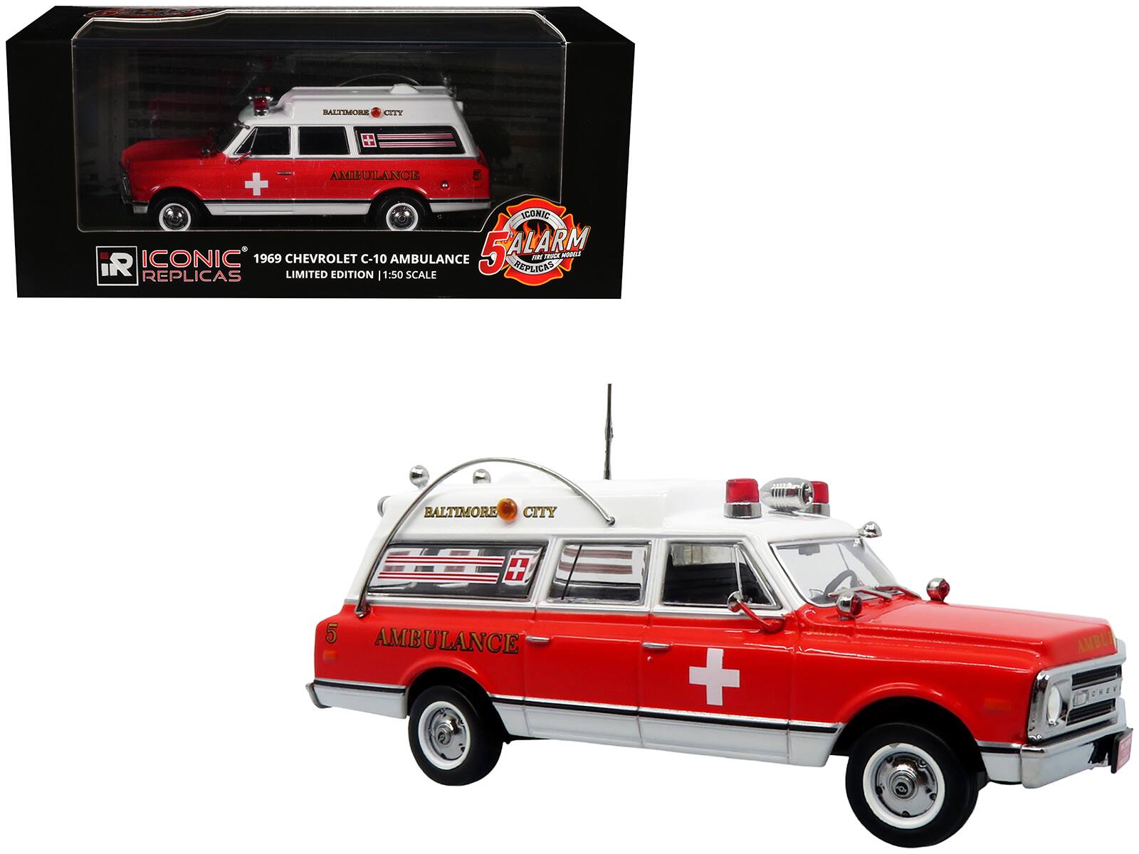 ICONIC REPLICAS  
1969 CHEVROLET C-10 AMBULANCE  
LIMITED EDITION 1:50 SCALE  

BALTIMORE CITY  
AMBULANCE  

5 ALARM  
ICONIC REPLICAS  
THE REAL DEAL IN DIECAST