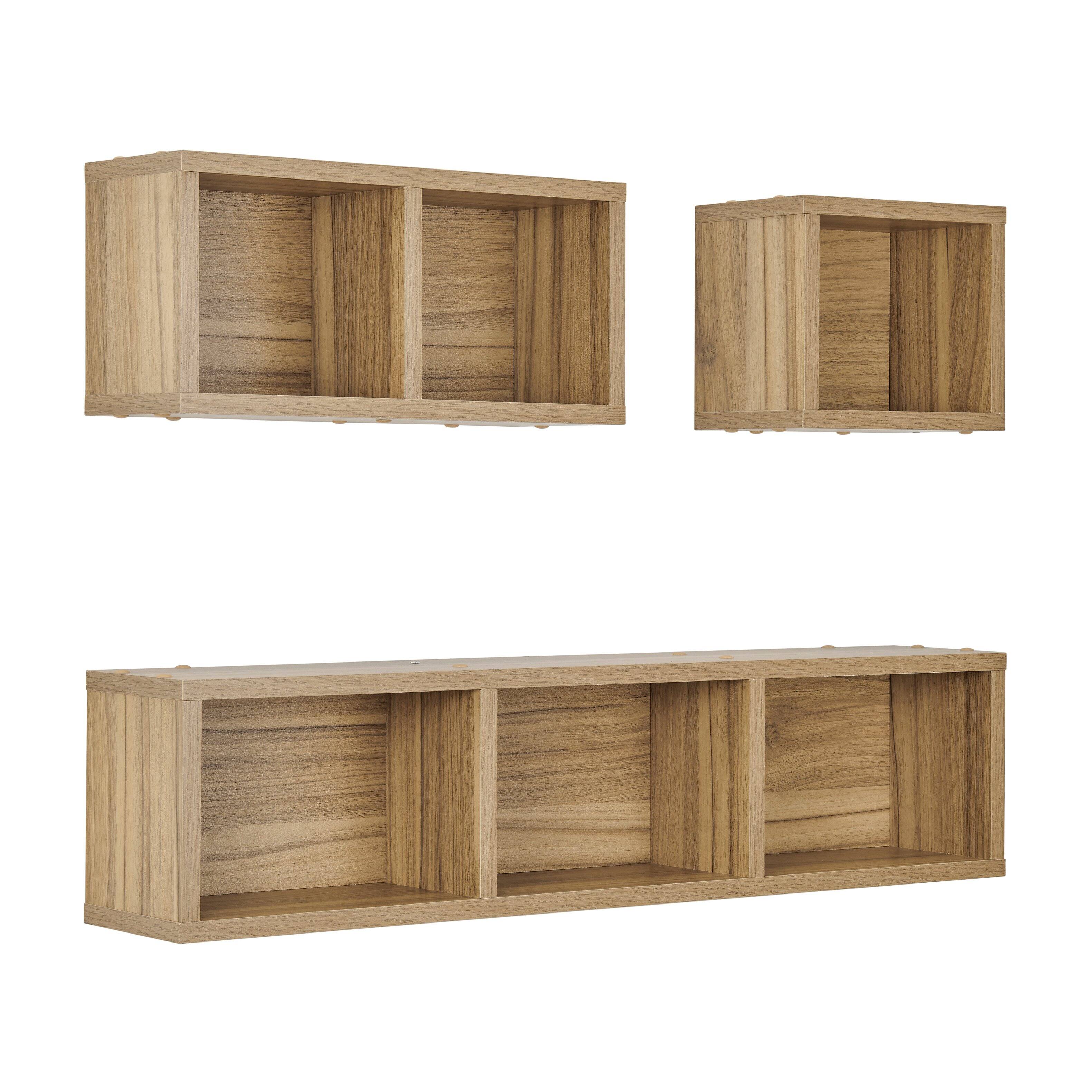 Alt View 9. Danya B - Bauhaus Floating Geometric Cubby Wall Shelves - Set of 3 Sizes - Chestnut - Chestnut.