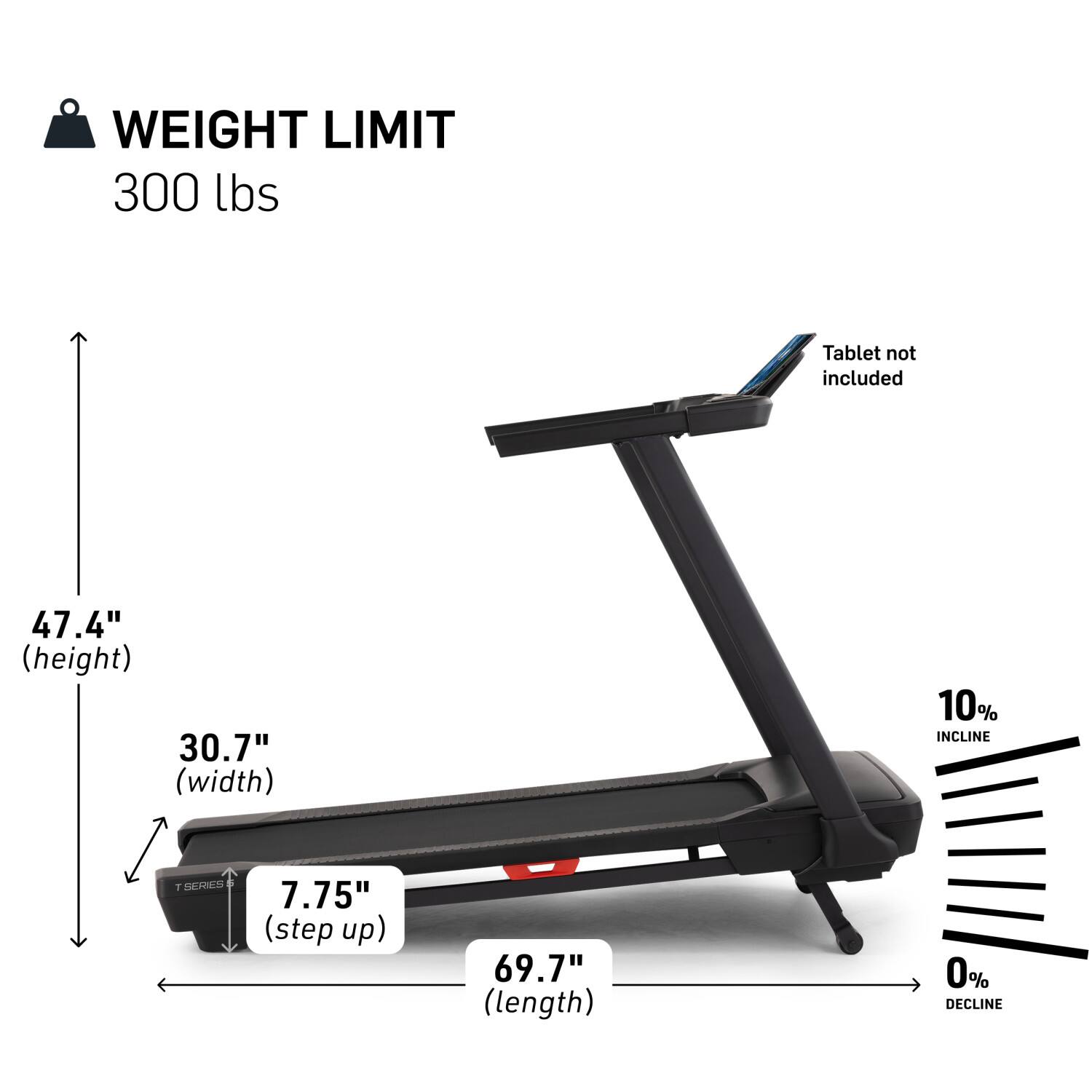 - WEIGHT LIMIT: 300 lbs
- Tablet not included
- 47.4" (height)
- 30.7" (width)
- 7.75" (step up)
- 69.7" (length)
- 10% INCLINE
- 0% DECLINE