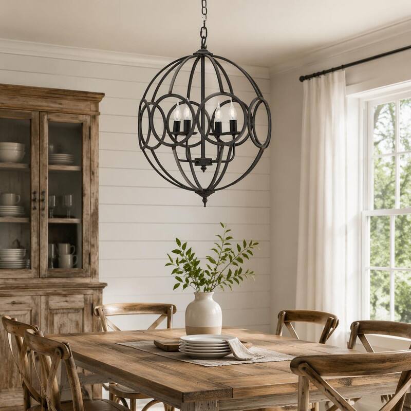 Back. RYHNUYNE - 4-Light Industrial Globe Cage Chandelier, Black Farmhouse Light Fixture for Kitchen Dining Room Foyer - Black.