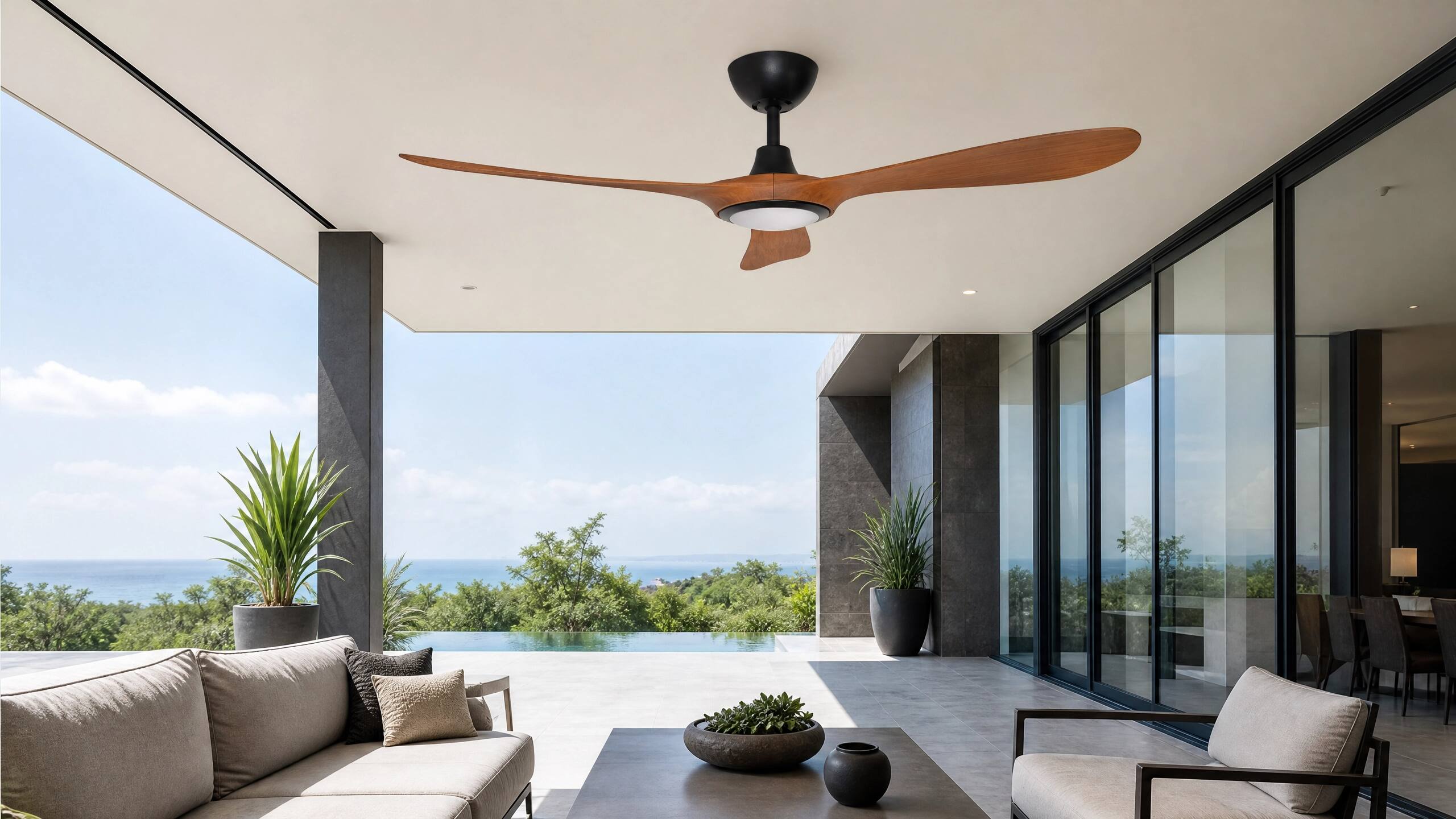 Alt View 2. ENLIGHT - 56" Smart Ceiling Fan, IP66 Outdoor & Coastal, CCT & Dimmable LED, Durable, Efficient & Quiet DC Motor, Matter, 3 Blades - Teak Woodgrain.
