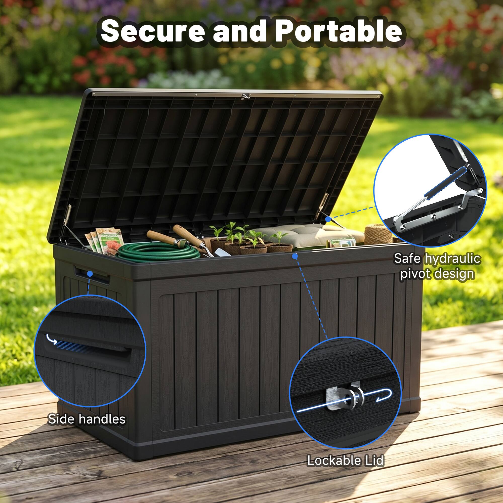 Secure and Portable  
Safe hydraulic pivot design  
Side handles  
Lockable Lid
