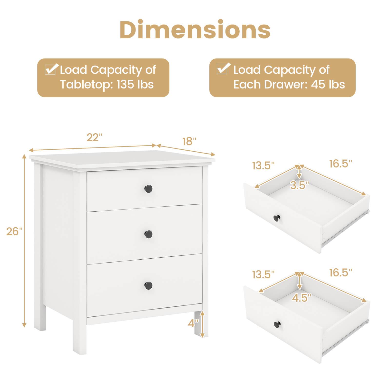 Dimensions: 22" x 18" x 26", Load Capacity of Tabletop: 135 lbs, Load Capacity of Each Drawer: 45 lbs, Drawer Dimensions: 13.5" x 16.5" x 4.5" x 3.5" x 4"