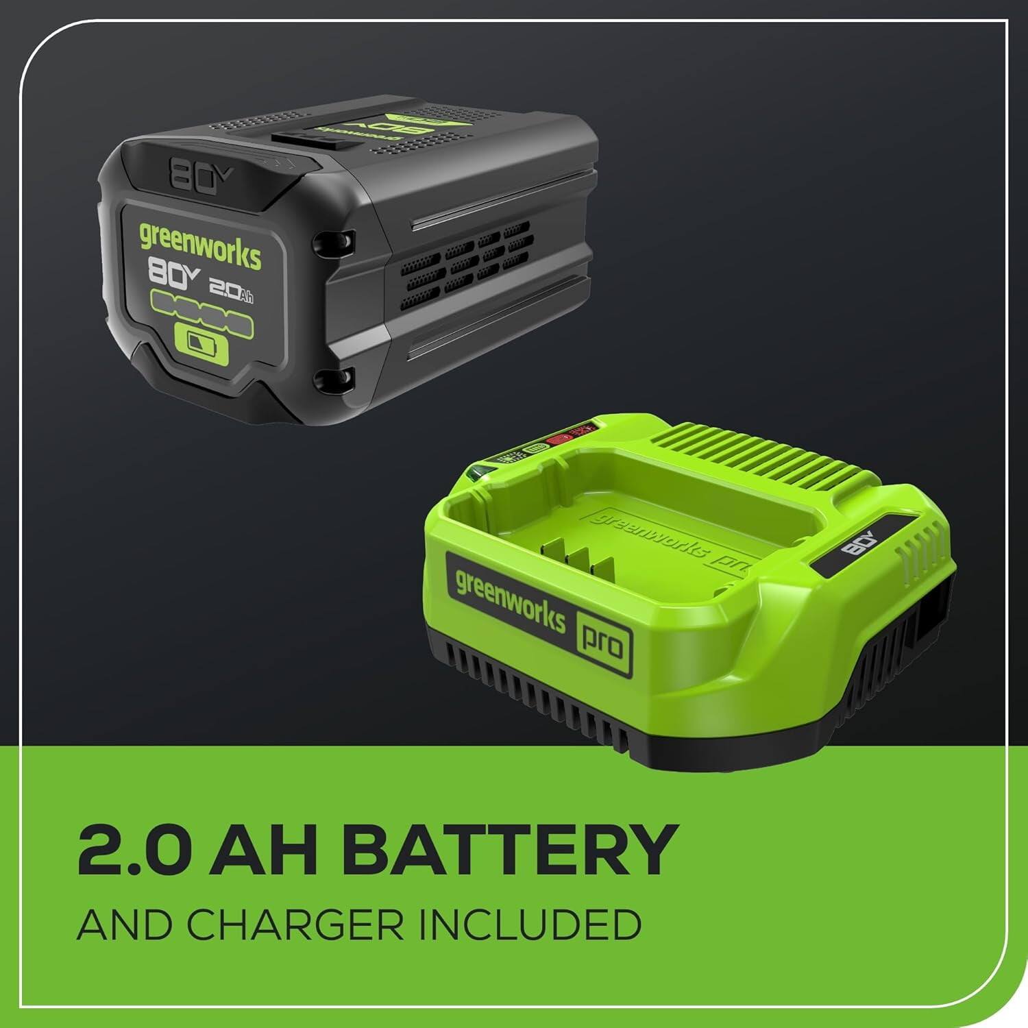 T3334314 Me MGGAAS5533 B0Y dass greenworks 80V 5999 d 55 200 PPRSS 00O gramnurks pn greenworks pro BO 2100 2.0 BATTERY AND CHARGER INCLUDED