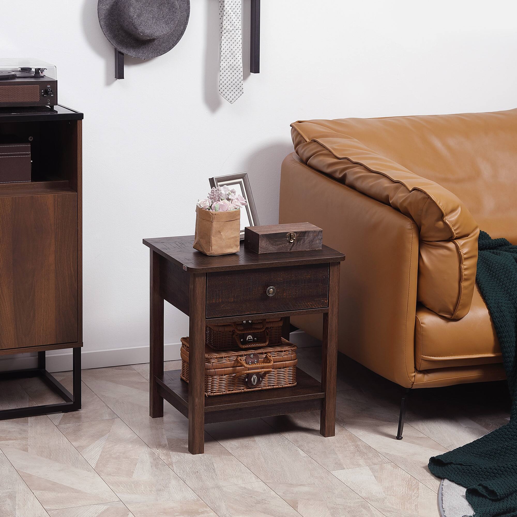 Alt View 1. Homcom - End Table with Drawer, Side Table with Top and Bottom Shelf for Small Spaces - Bronze.