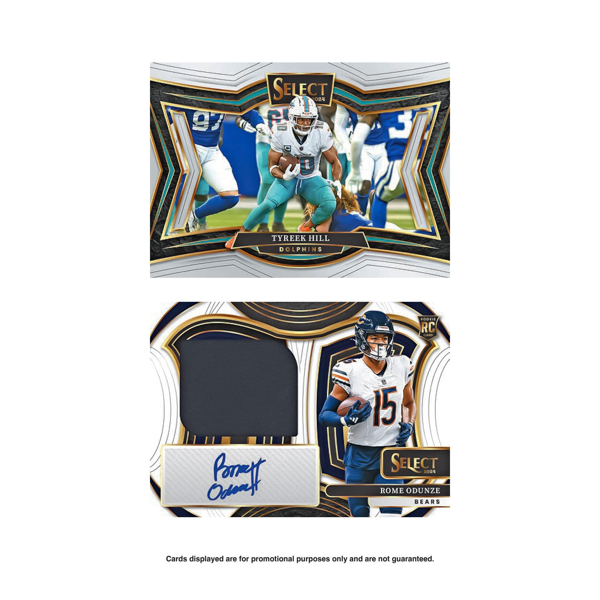 SELECT 202 F D 3 TYREEK HILL DOLPHINS .N RC i Soraf Porm " 15 SELECT F00 ROME ODUNZE BEARS Cards displayed are for promotional purposes only and are not guaranteed.