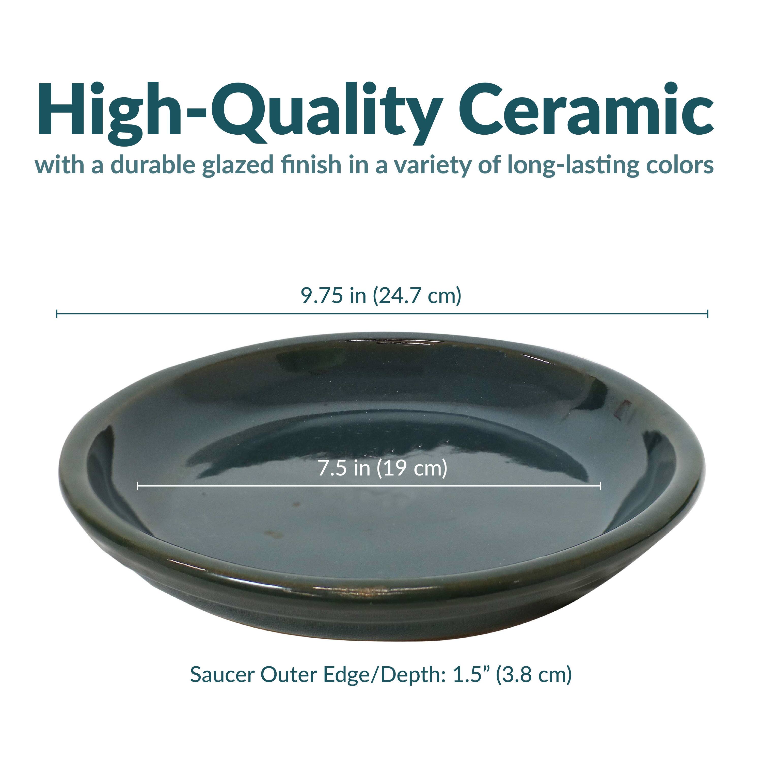 High-Quality Ceramic  
with a durable glazed finish in a variety of long-lasting colors  

9.75 in (24.7 cm)  
7.5 in (19 cm)  

Saucer Outer Edge/Depth: 1.5" (3.8 cm)