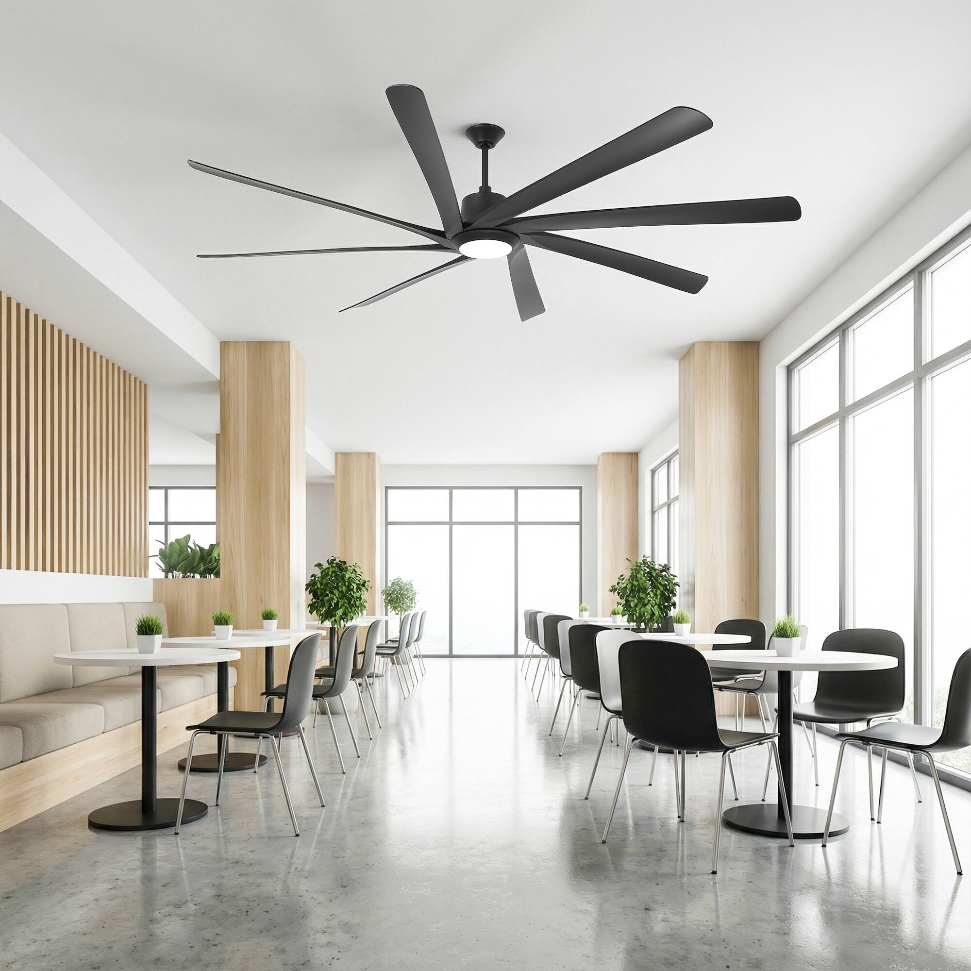 Left. Parrot Uncle - 100'' Matte Black Downrod Mount LED Ceiling Fan with Remote and 8 ABS Blades - Black.
