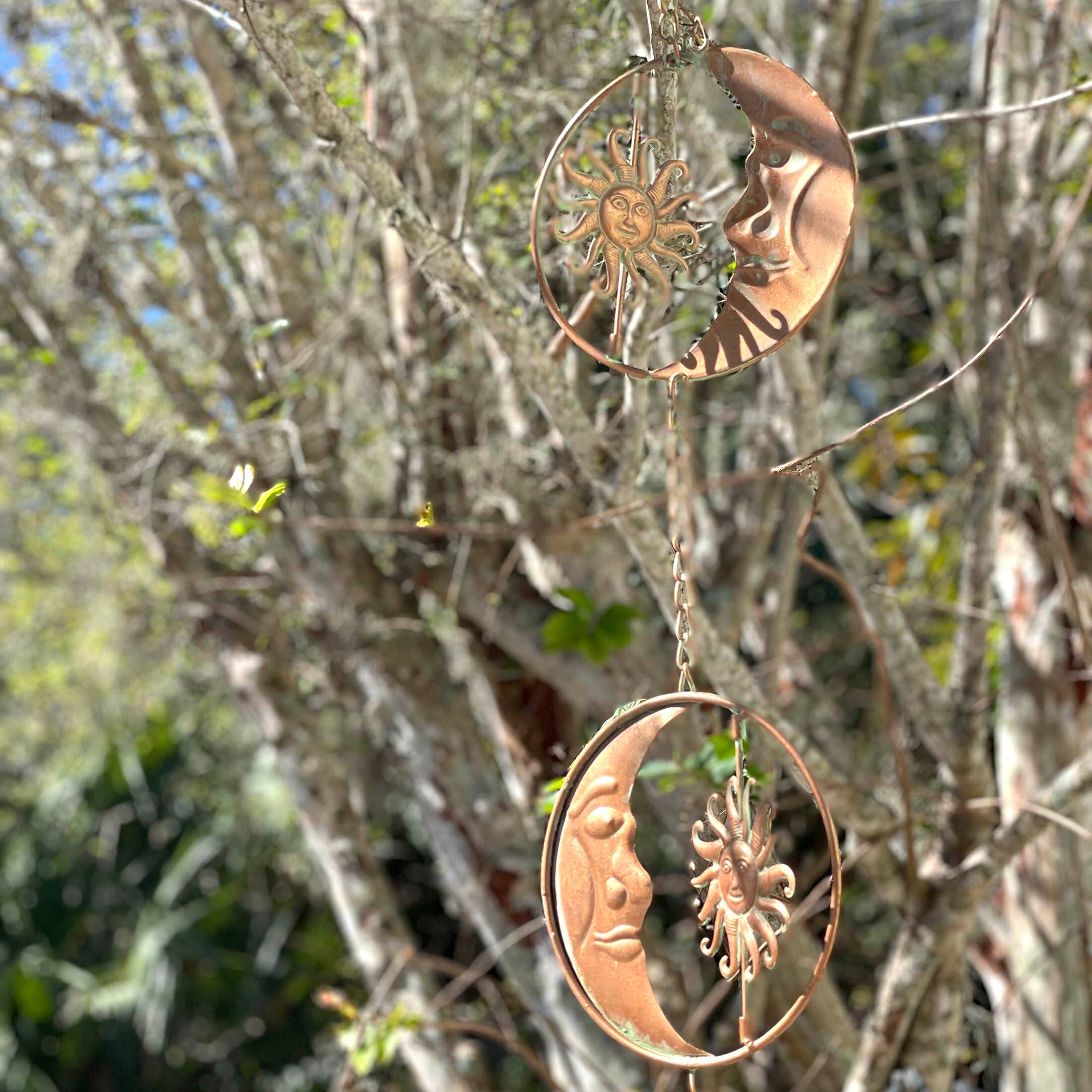 Alt View 7. Things2Die4 - 80-Inch Metal Rain Chain - 6 Celestial Crescent Moon & Suns, Bronze Finish - Copper.