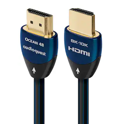 The text on the image reads "OCEAN 48 audioquest 8K-10K HDMI." This suggests that the image features a cable with a gold connector and blue casing, which is an Ocean 48 audioquest cable. The cable is designed for use with HDMI devices, providing a high-quality connection for audio and video signals.