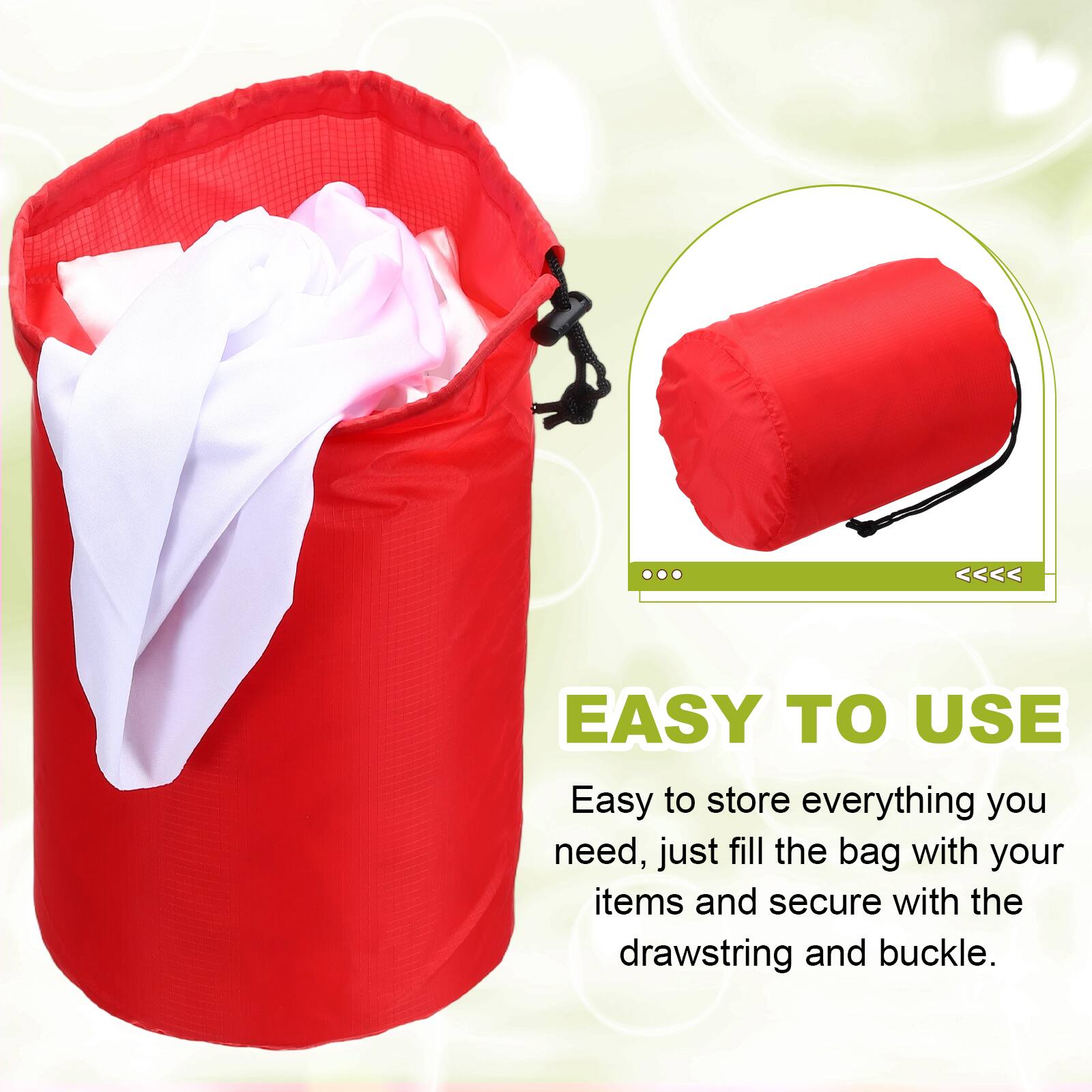 EASY TO USE

Easy to store everything you need, just fill the bag with your items and secure with the drawstring and buckle.