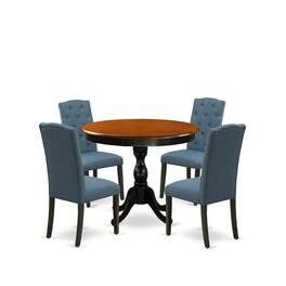 East West Furniture - 5-Piece Wooden Dining Set Consists of a Wood Kitchen Table and 4 Blue Linen Fabric Parson Chairs - Multi-Color